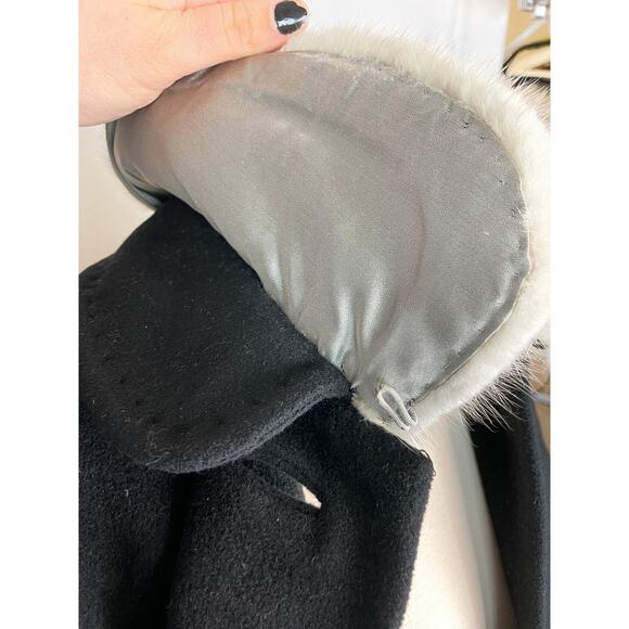 Vintage 1950s Black Cashmere Wool Coat Silver Gray Mink Fur Collar Rare Small/M - Picture 6 of 10